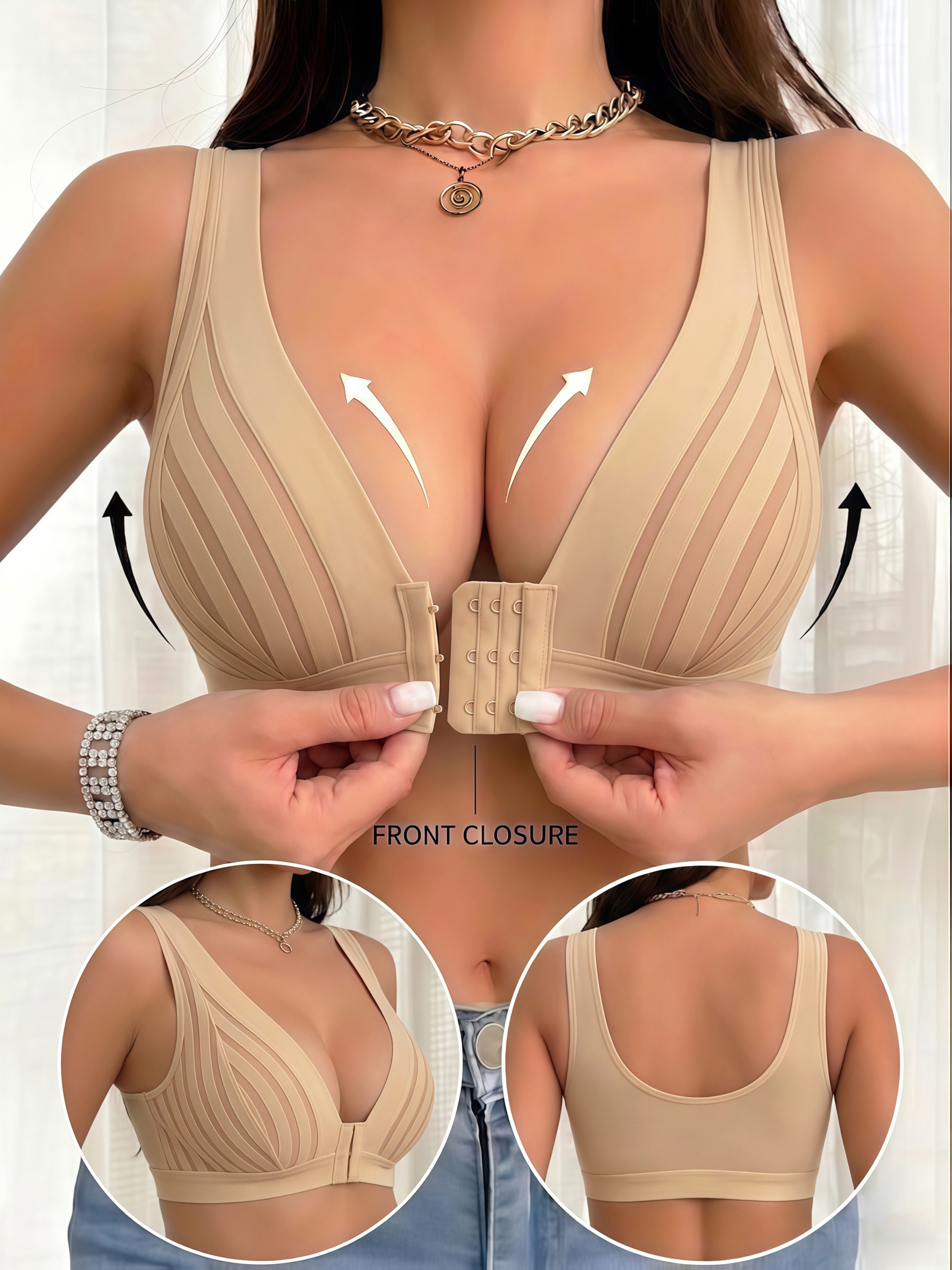 reggiseno senza   con chiusura frontale, bralette in pizzo a     a righe in rete, facile da indossare per donne
