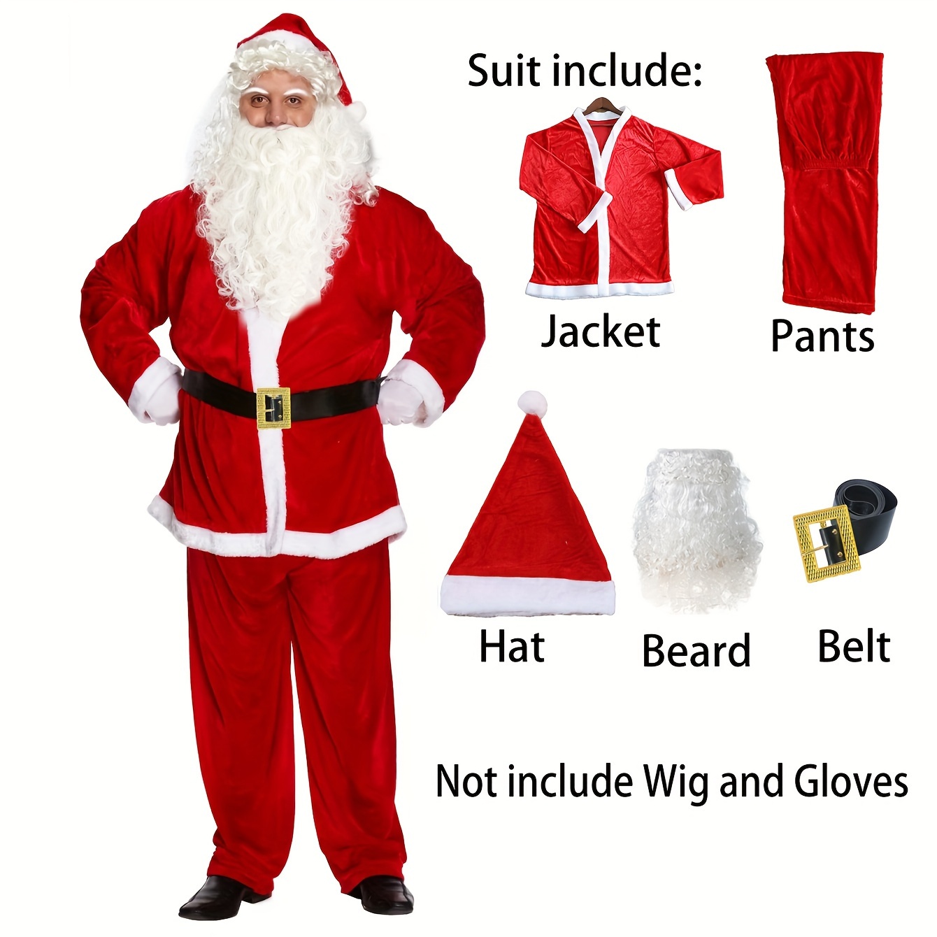 

Ensemble de Costume de Père 5pcs pour Adultes - Veste Rouge, Pantalon, Chapeau, Barbe & Ceinture - pour les Fêtes de Noël & Cosplay, Décoration de Noël