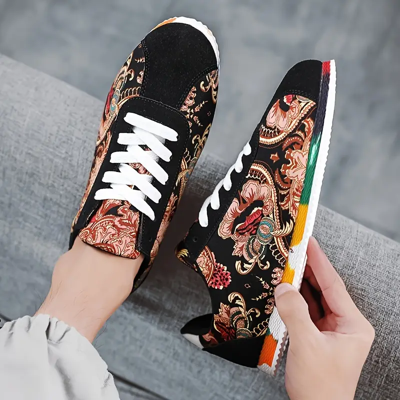 flowers pattern trendy low top jogging shoes mens comfy lace up sneakers for outdoor walking workout traveling details 3