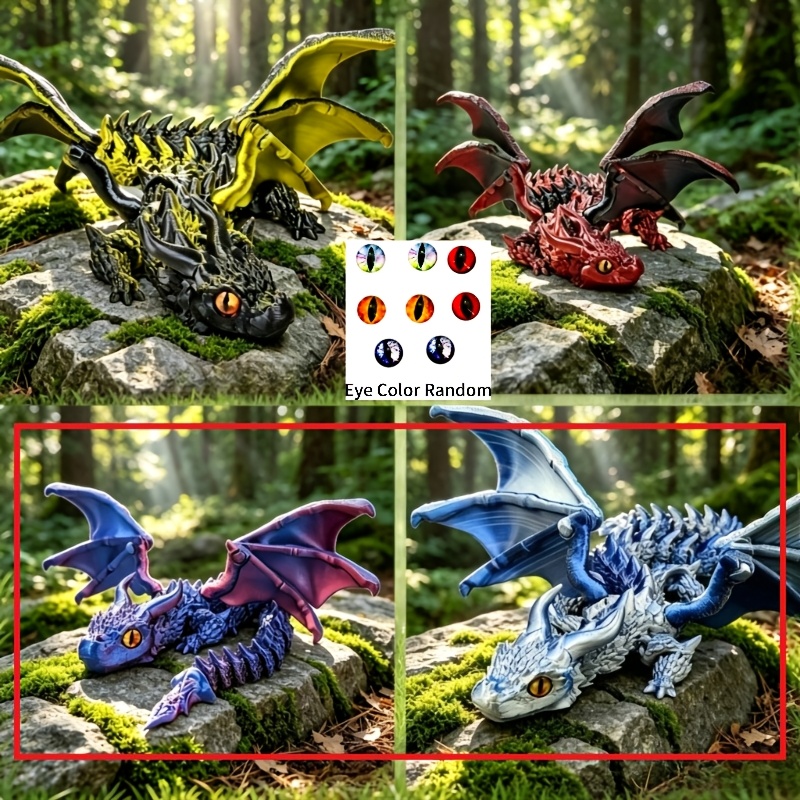Image of 2-pack Laser Holographic 3d Printed Movable Dragon Figurine, Double-horned Articulated Dragon Statue With Random Eye Styles & Colors, Gothic Style Ornament For Bedroom & Home Decoration