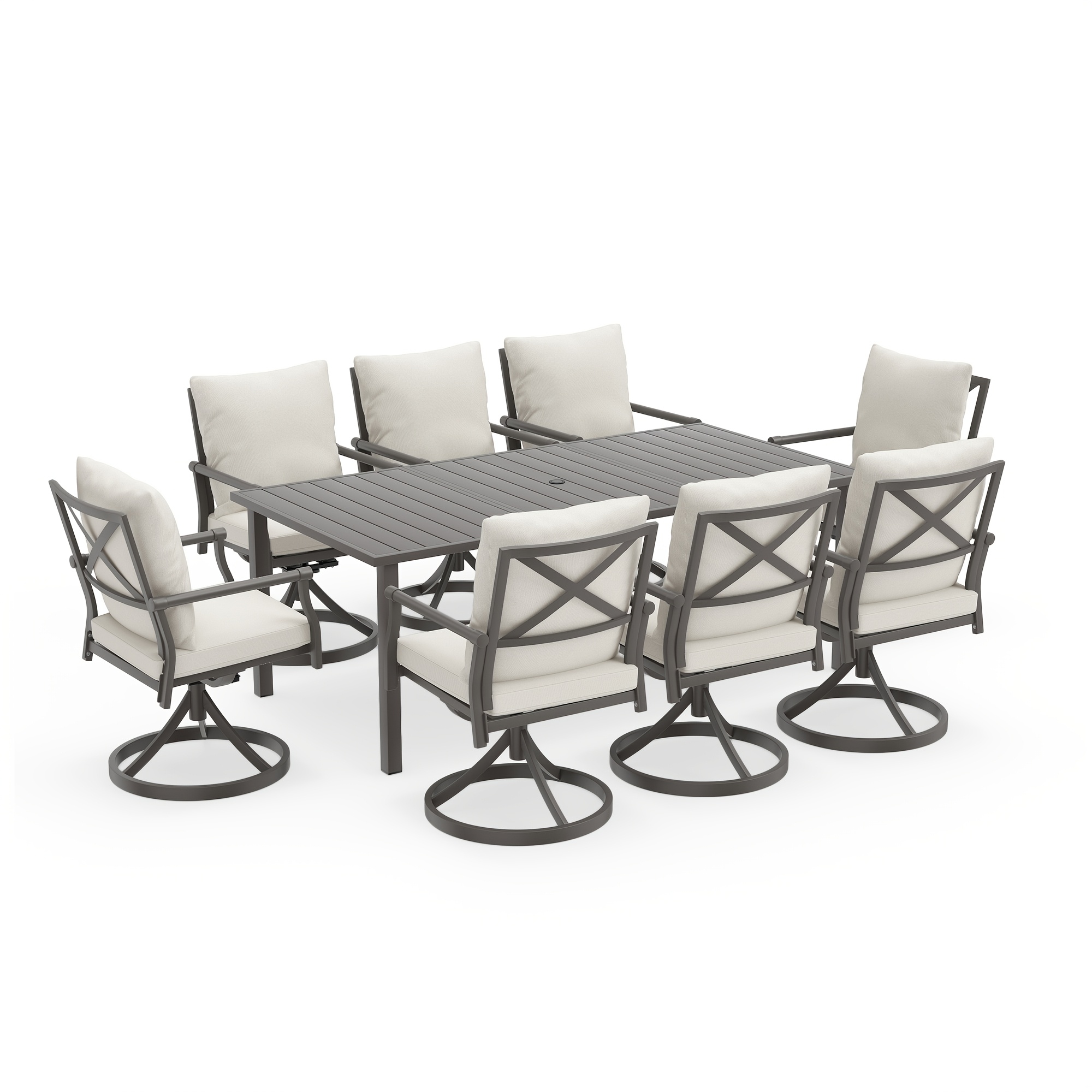9pcs Outdoor Dining Arrangement - Patio Set for 8 People. Comes with 1 Rectangular Table And 8 Swivel Chairs with Cushions, Suitable for Lawn And Garden