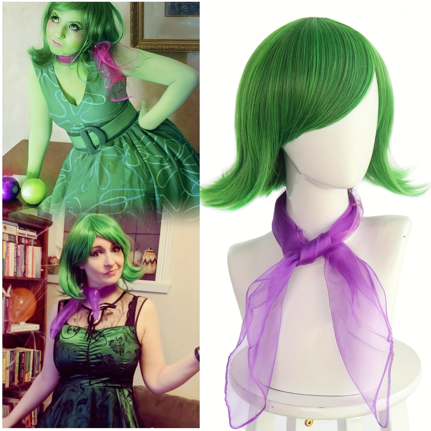 halloween disgust green costume wig purple scarf short flip Temu