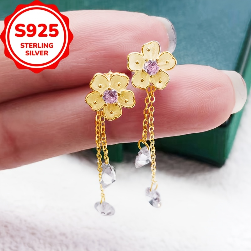 Women's S925 Sterling Silver Fresh Floral Long Earrings with Tassel