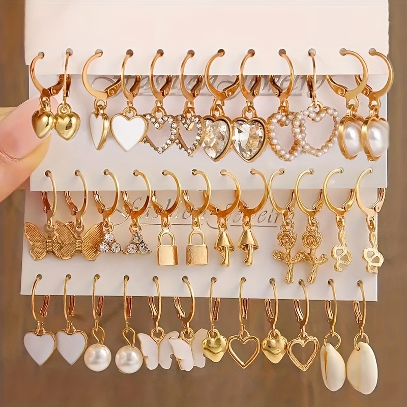 36/24 piezas de elegantes y sencillos pendientes de corazón, mariposa, diamantes de imitación, flores huecas, cerradura, hongo, concha, juego de pendientes, aleación de zinc con postes de acero inoxidable, versátiles para el uso diario, regalos, Ramadán, fiestas y festivales.