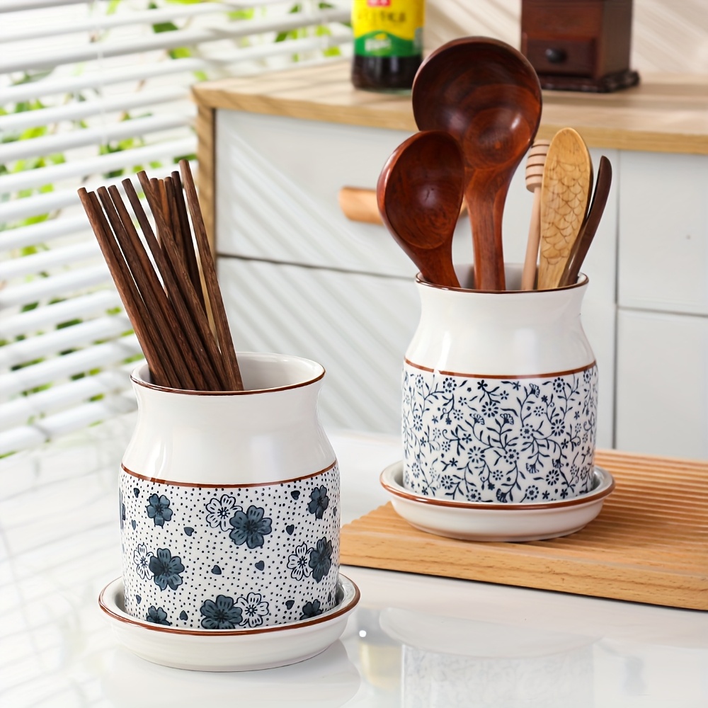 2pcs set ceramic large capacity kitchen utensil storage rack with ceramic base cherry   pattern kitchenware holder   desktop countertop storage and decoration Product details 7