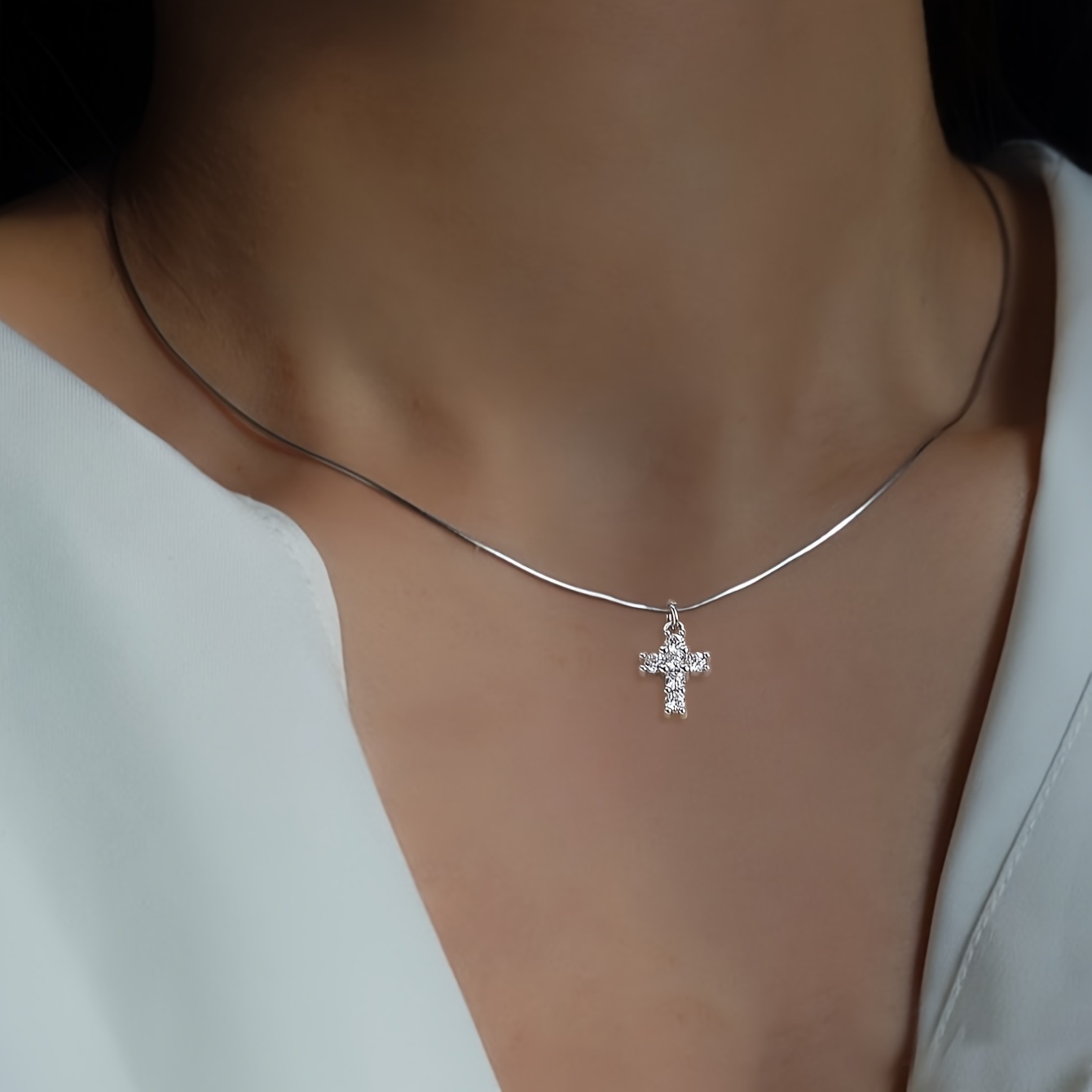 Image of A Hip Hop Non-fading Stainless Steel Round Snake Bone Chain Micro- Sparkles Synthetic Cubic Synthetic Synthetic Zirconia Clavicle Chain Cross Pendant Necklace [no Gift Box].kpop Style Jewelry.