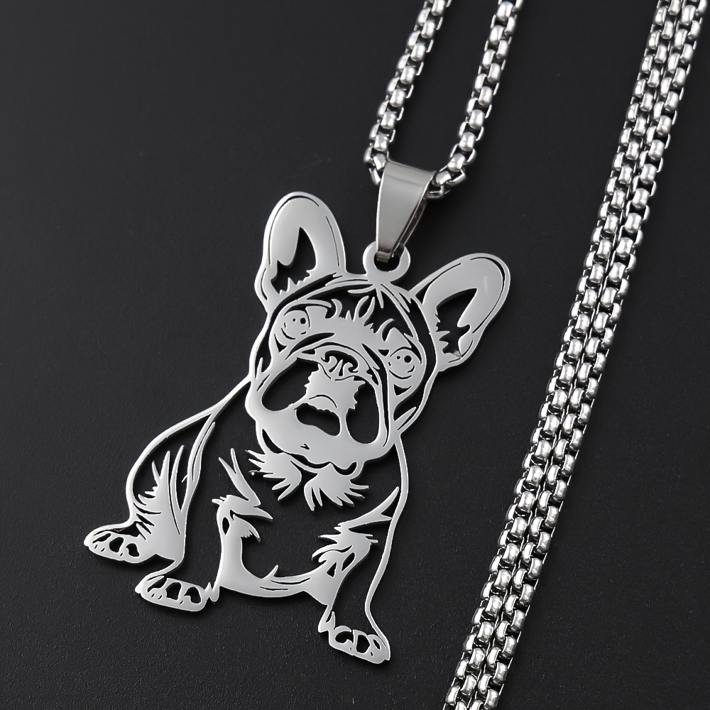 E-shop Süße Französische Bulldogge Kette für Damen Herren Edelstahl Silberfarbene Tier Welpen Mops Hund Lieblicher Anhänger Halskette Schmuck