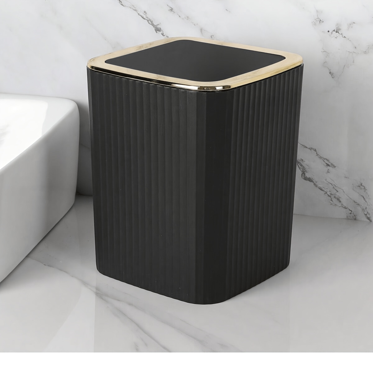 1 Black Golden Trimmed Lidded Push-top Trash Can Black White Plastic Waste Bin Office Paper Basket Silent Closing Square Trash Can For Living Room Bedroom Bathroom And Kitchen Bathroom Additions