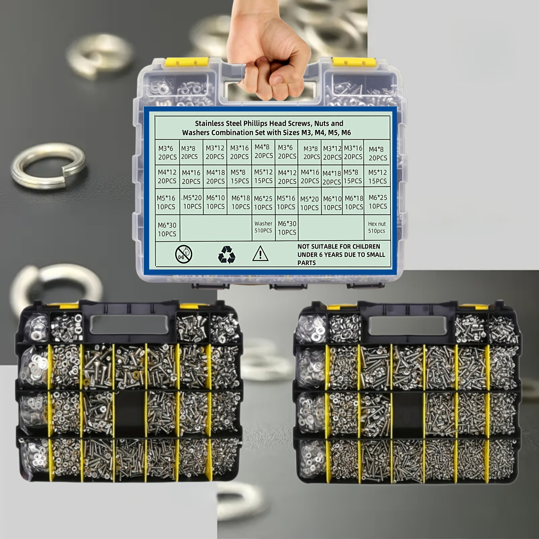 Juego de 1575 piezas de tuercas y tornillos, acero inoxidable, cabezas Phillips y planas, con varias tuercas, arandelas y caja organizadora de doble cara - Imagen 10