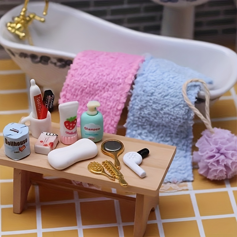 

15pcs Miniature Bathroom Accessory Set, Plastic Collectible Figurines, Decorative Mini Bath Scene Props, With Toothbrush, Toothpaste, Cup, Towels, Hair Dryer, Comb, Mirror For Miniature Scene Display