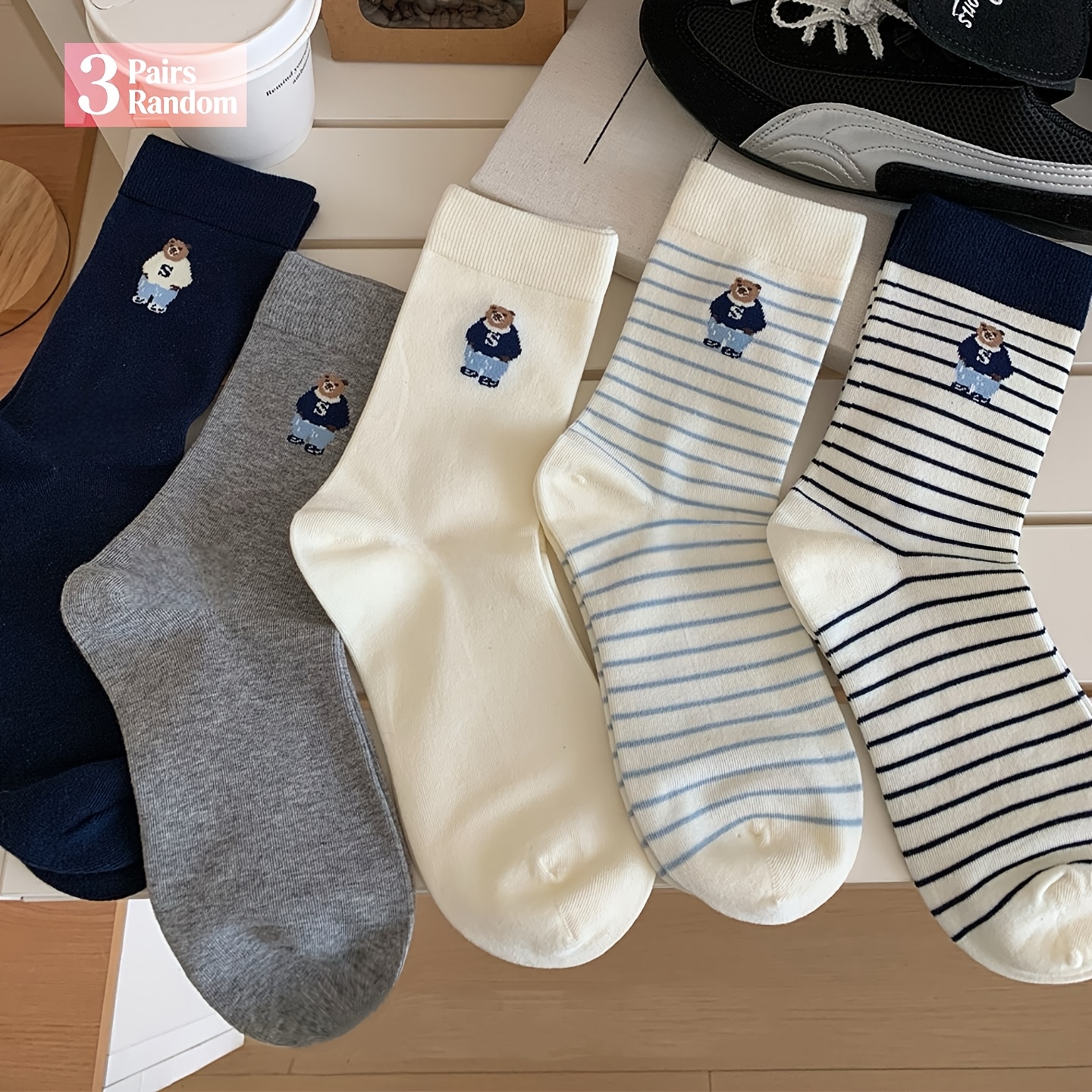 TEMU 3 Pairs Of Random Autumn And Winter Cartoon Bear Retro Striped Mid-tube Socks Women's College Korean Cute Ins Japanese Versatile Pile Of Long