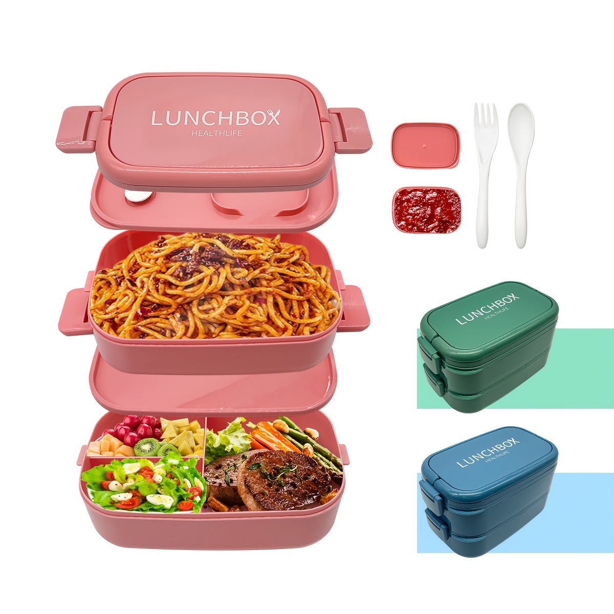 

Stackable 2-tier Lunch Box - Leakproof, Portable 15.1oz Bento Container With Microwave Safe For Work, School, Camping - 3 Colour Lunch Box