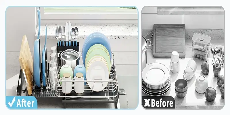 1pc expandable dish drying rack stainless steel dish drainer with cup utensil holder collapsible countertop dish rack with pan pot holder metal dish strainer for kitchen counter food contact safe no electricity needed ideal for christmas halloween easter thanksgiving valentines day Product details 1
