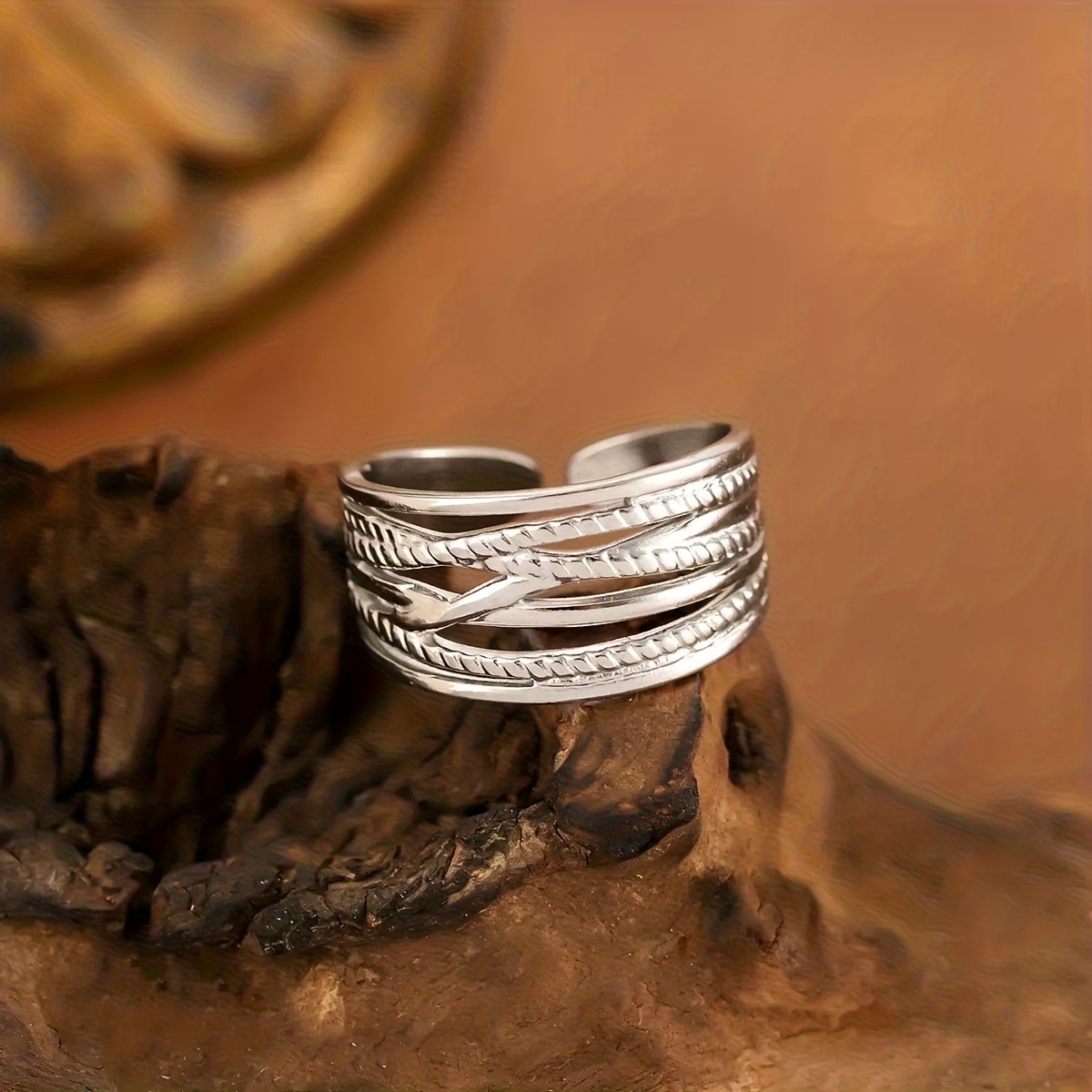 TEMU 1pc Anillo de Multicapa Tejido con Estilo Royal Vintage de Acero Inoxidable, Anillo Ajustable , Anillo Chic Bohemio , Joyería de Mujer para ,