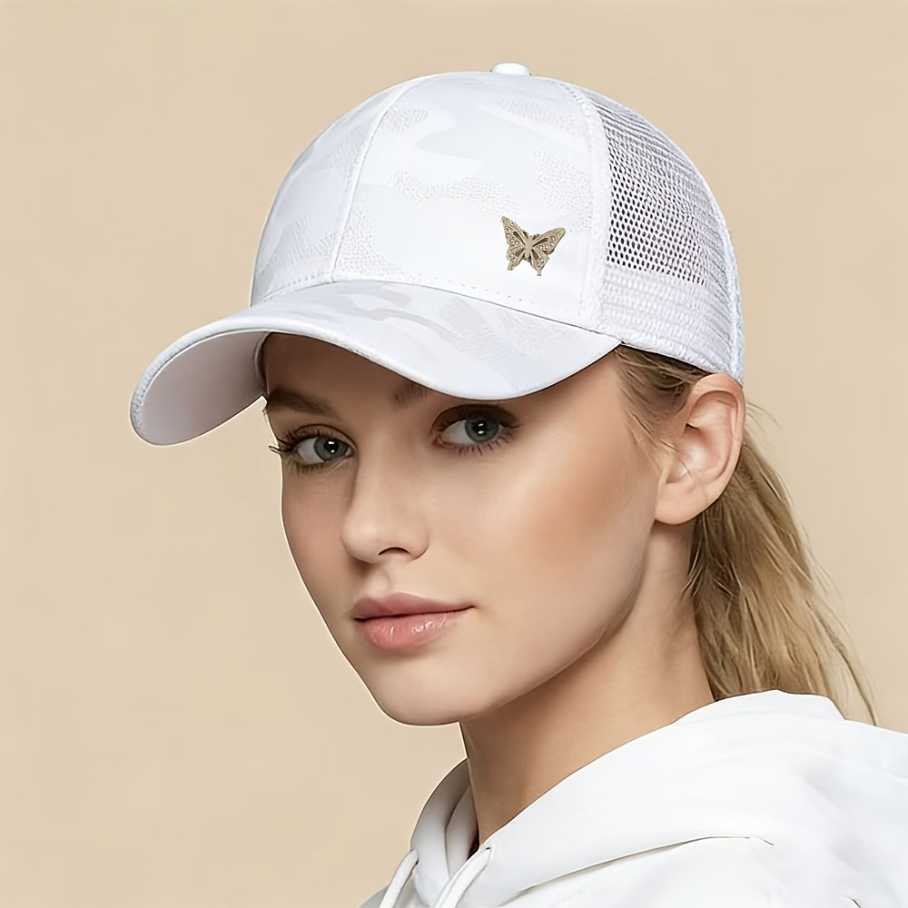 TEMU 1 pièce Casquette de baseball unisexe extensible pour queues de cheval hautes, snapback en respirante avec décoration papillon en strass, légère