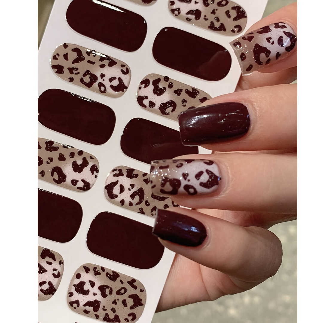 

16pcs Autumn Leopard Print Nail Art Stickers, Brown Oval Resin Self-adhesive Nail Decals With Glitter , Color-changing, Nail Stickers