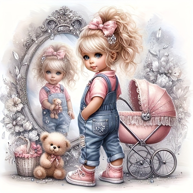 

Little Girl With Bear Doll Diamond Art Painting, Full Round Diamond Art, Decorative Wall Art Hanging Painting Home Decoration Valentine's Day Gifts, Decorative Craft Wall Art For Home Wall Decor Gifts