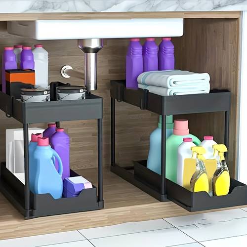 multifunctional pull out sink organizer and storage suitable for bathroom and kitchen 2 tier sliding cabinet basket bathroom and kitchen cabinet storage box with hooks storage cups household kitchen accessories