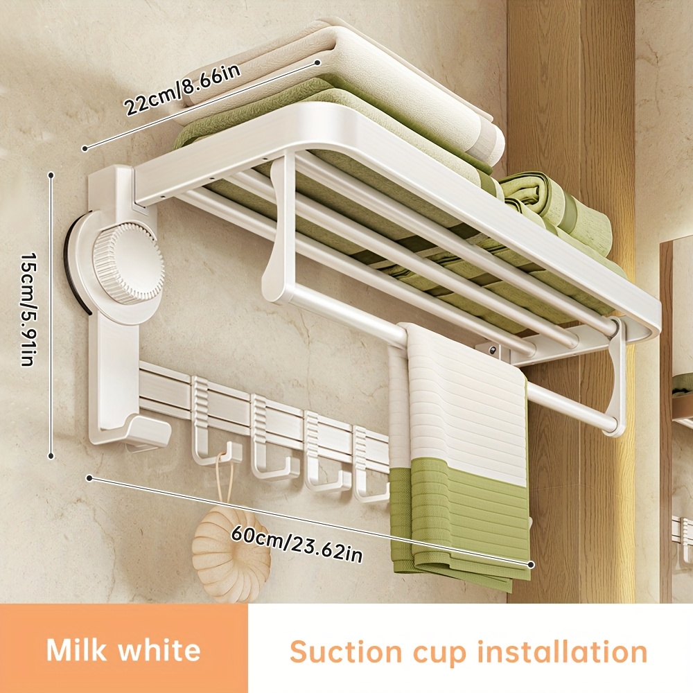 1pc Modern White Wall-mounted Towel Rack With Hooks, Easy-to-install Suction Cups, Space, No Drilling Required, Mobile, Electricity-free Bathroom Towel Storage, Easter Gift