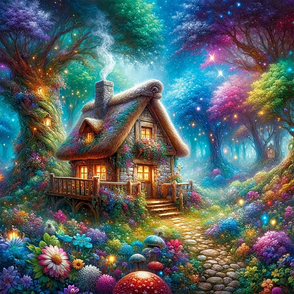 

40cm/15.8in Diy 5d Diamond Painting Kit: Enchanting Cottage In A Magical Forest