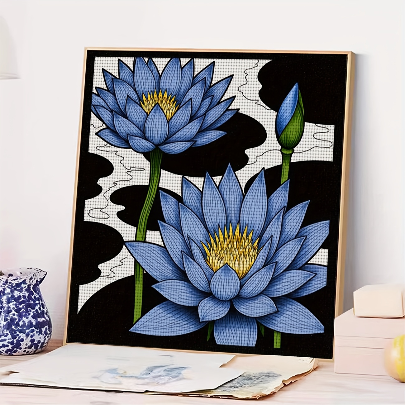DIY Blue Lotus Flower Cross-Stitch Kit, Complete Set