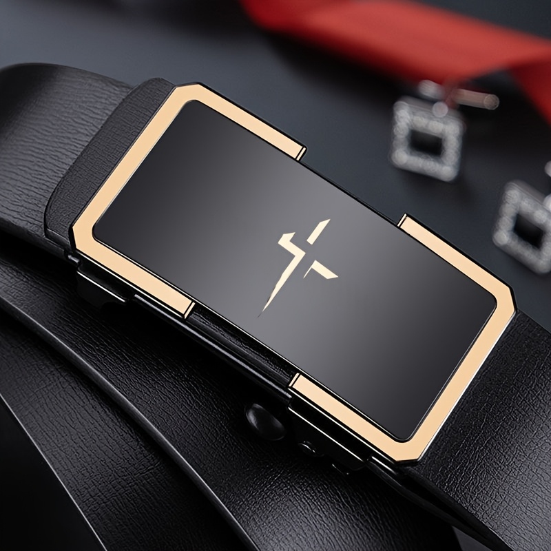 Men's Belt with Cross Pattern and Alloy Automatic Buckle