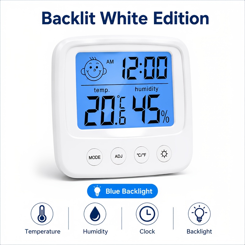 Image of Vaikby 1pc Indoor Thermometer Hygrometer, Thermometer And Humidity Gauge With Clock, 5s Fast Refresh, Backlight & ℃/℉ Function For Home, Office, Bedroom, 2*aaa