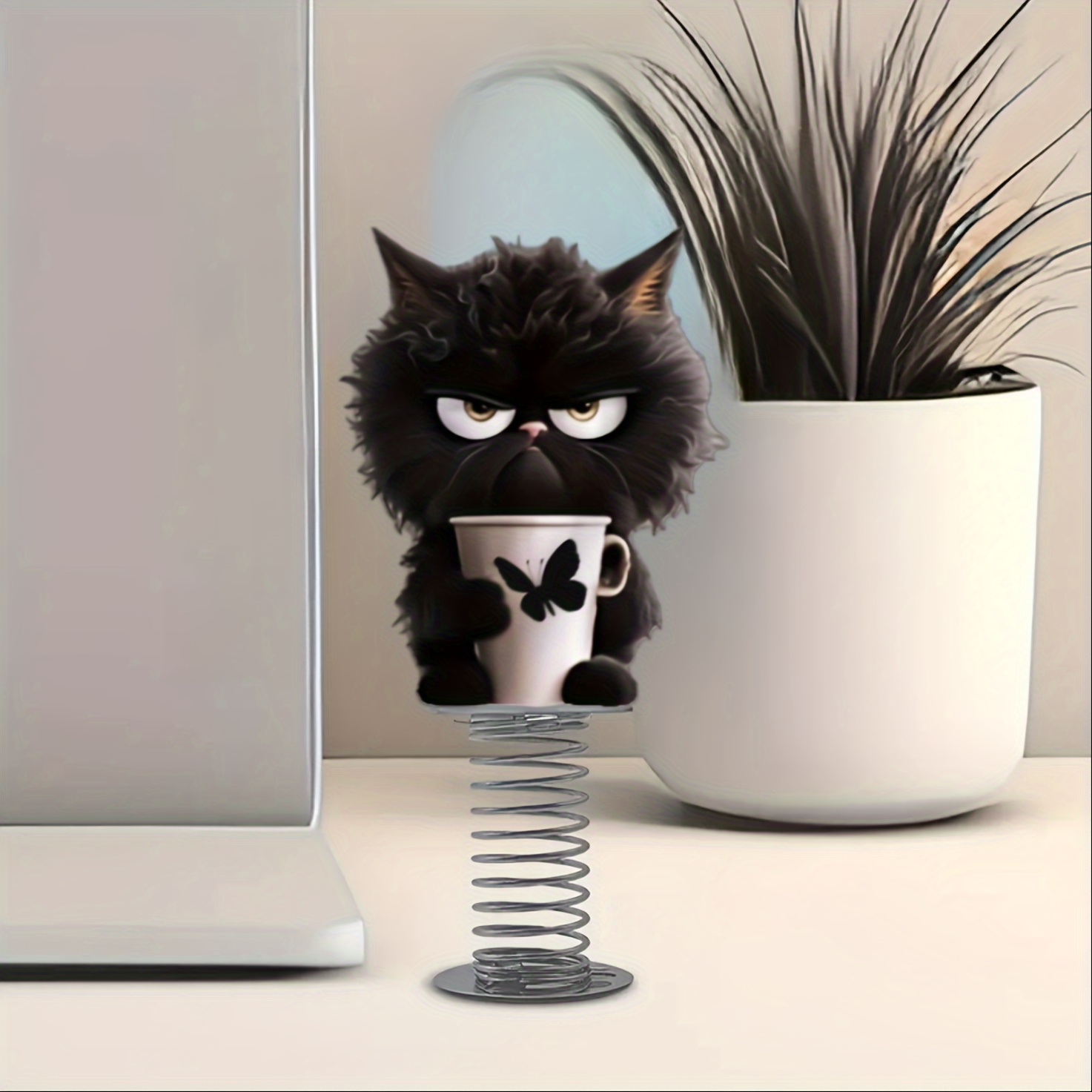 

1-pack Cute Acrylic Black Cat In A Cup Figurine - Multifunctional 2d Spring- Desktop Decor For Car, Desk & Bike | Ideal Christmas Gift Without Electricity & Feathers