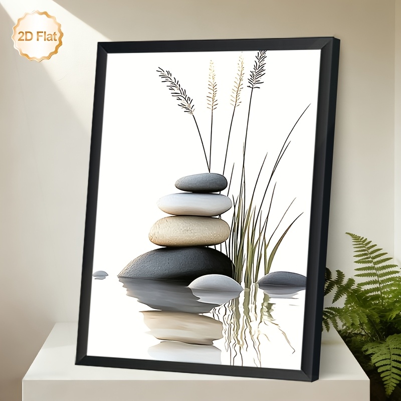 TEMU 2d Flat, 2d Flat, 2d Flat Framed Canvas Artwork Featuring A Water Scene With Zen Stones And Reeds, Decorating Your Living Room, Bedroom, Home