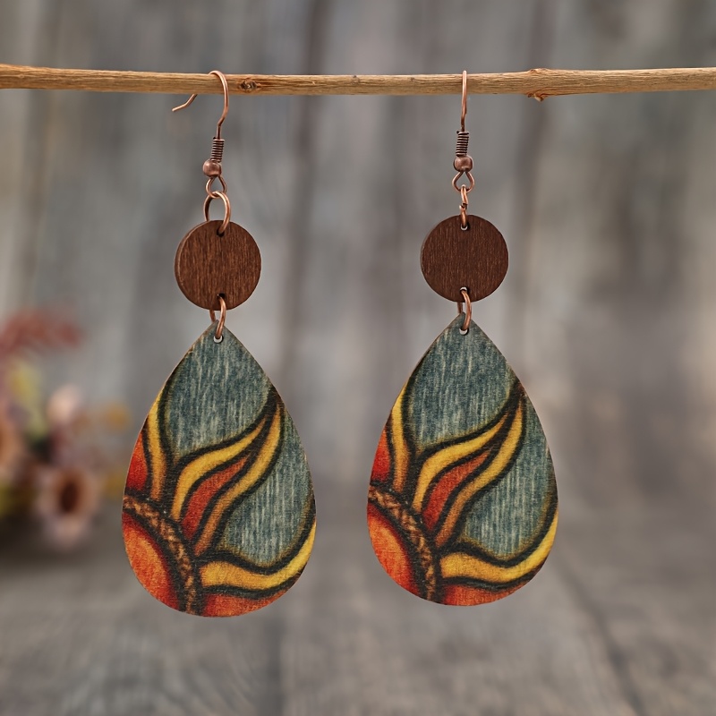 1 Pair Vintage Distressed Western Style Teardrop Sun Wooden Creative Women's Earrings