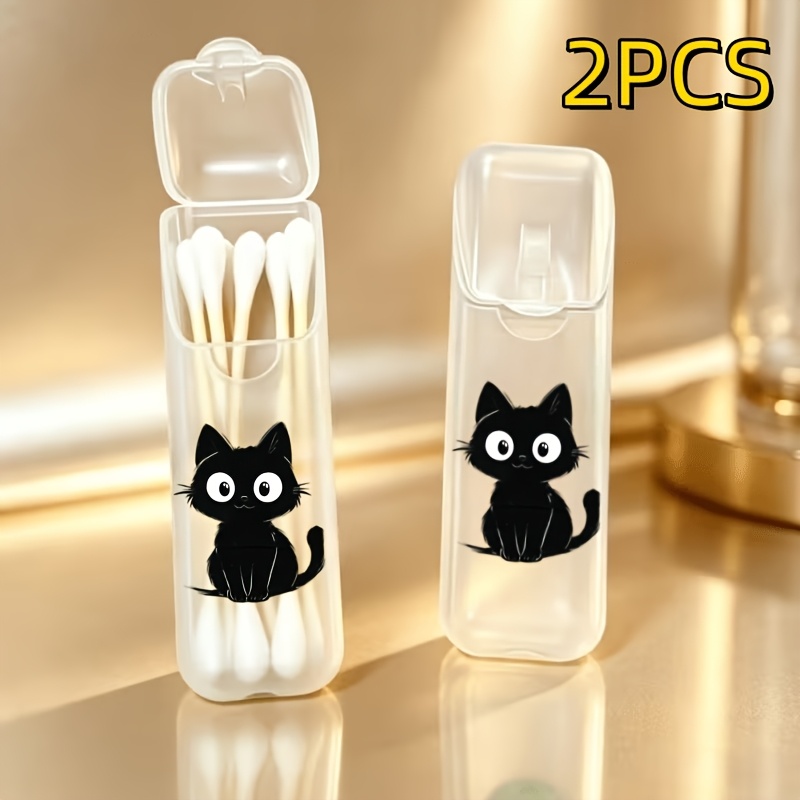 TEMU 2pcs New Cute Black Cat Print Portable Travel Swab Storage Box And Dental Floss Storage Box (box Only), Portable Storage, Jewelry Organization,