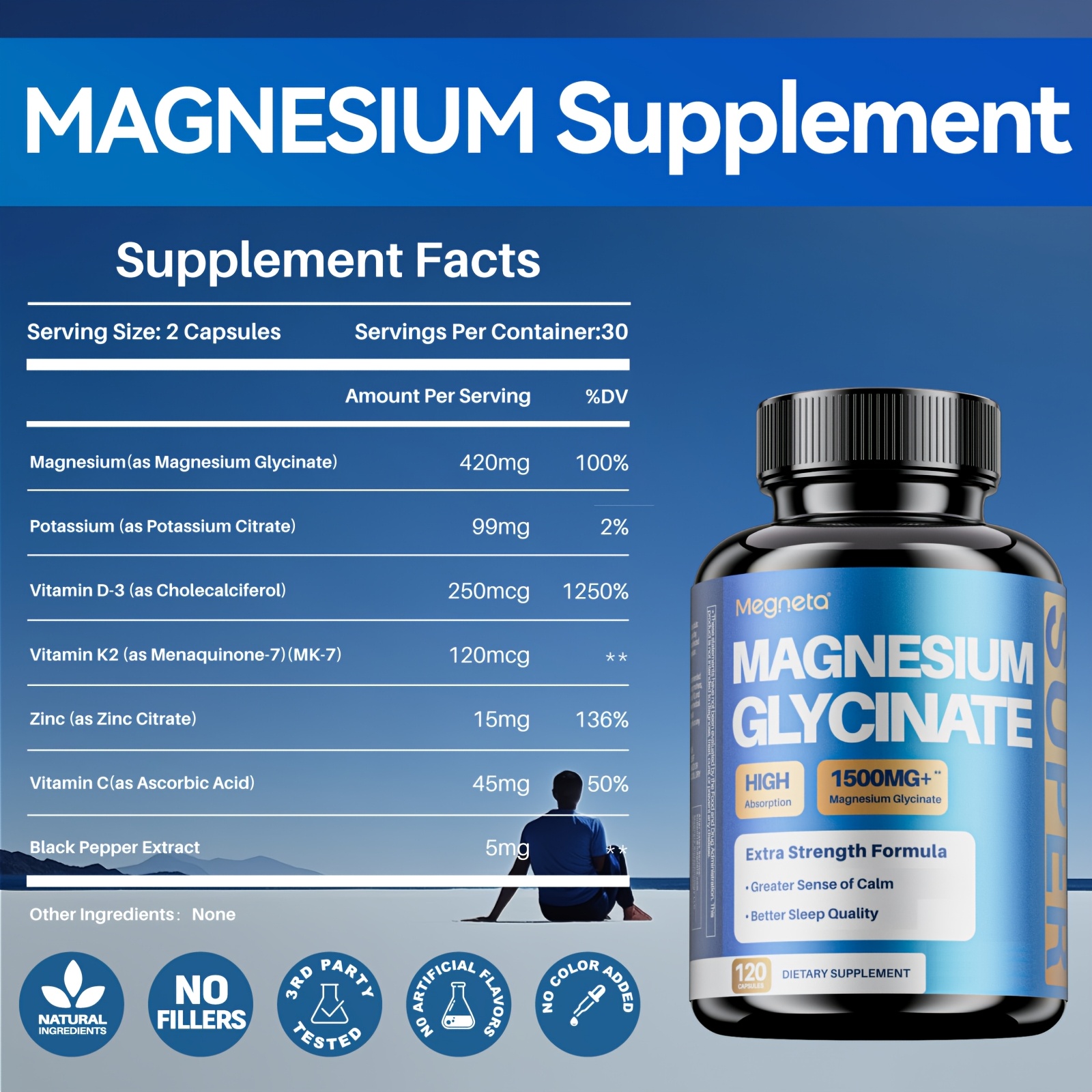 Megneta Magnesium Glycinate with Vitamins B6 & D3 for Sleep, Calm, Muscle & Heart Health, 60 Capsules