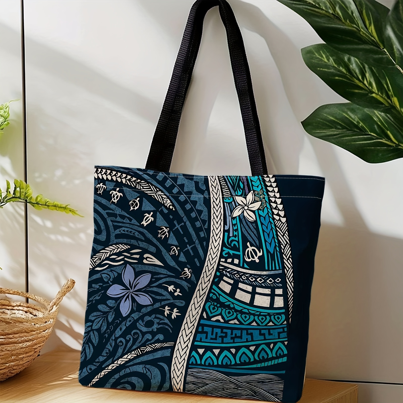 TEMU A Shopper's Tote, This Portable Bag On The Shoulder Or . It Features Polynesian Floral Designs And Is Perfect For Travel, Storing Cosmetics,
