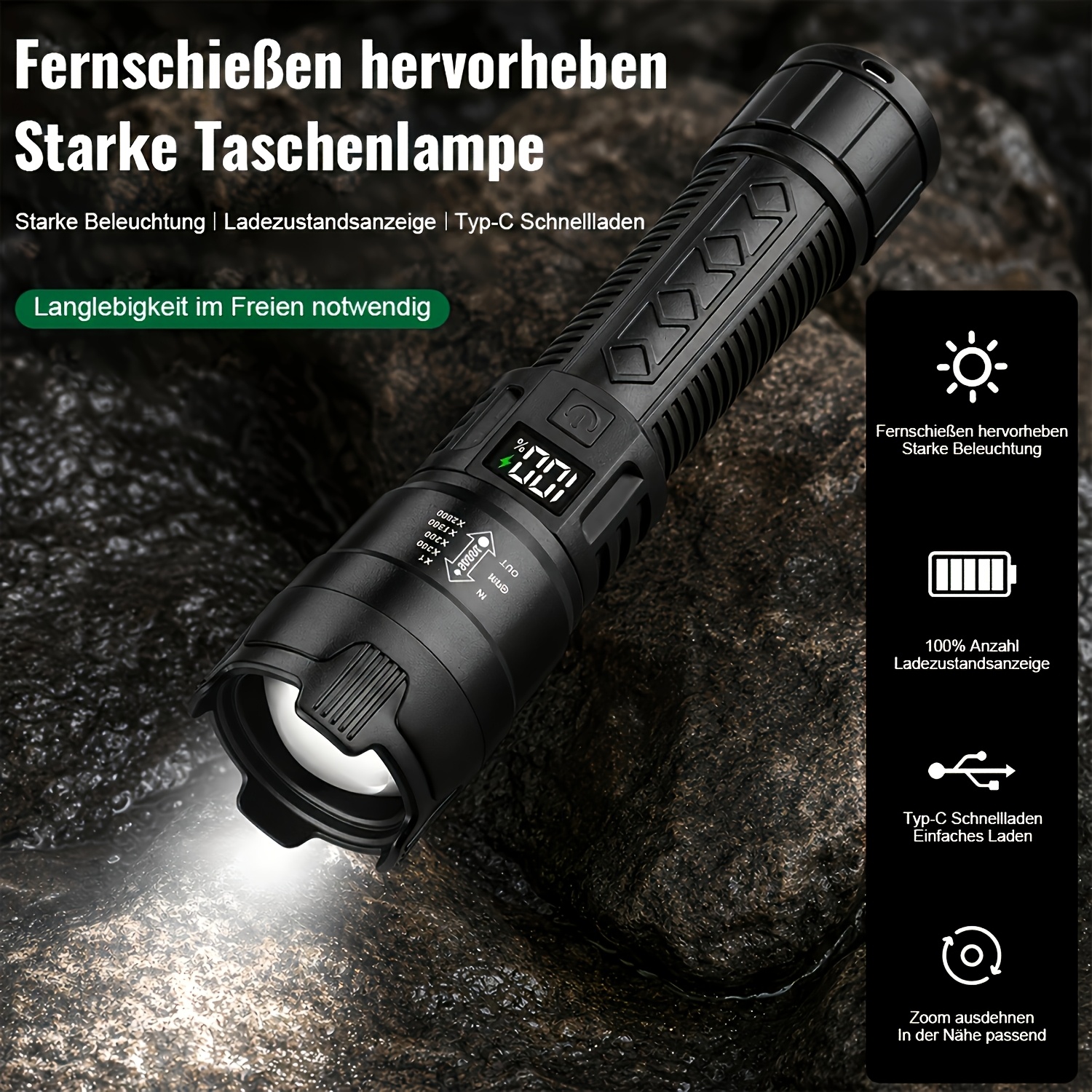 2pcs High- Flashlight With Powerful Long-range , Zoom, Digital Charging Indicator, Type-c Fast Charging, Outdoor Handheld Light For Camping, Hiking, Fishing And Emergencies