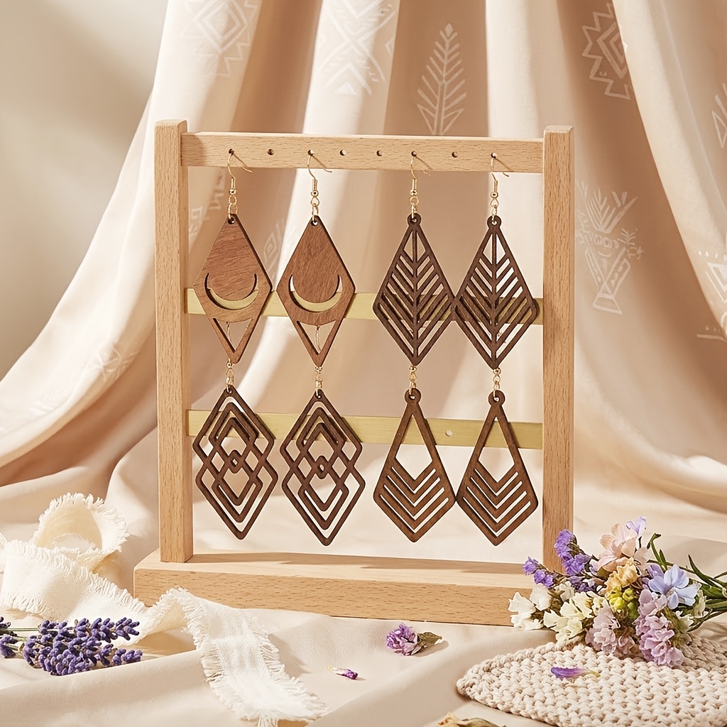 4 Pairs Vintage Brown Wooden Women's Earrings Set