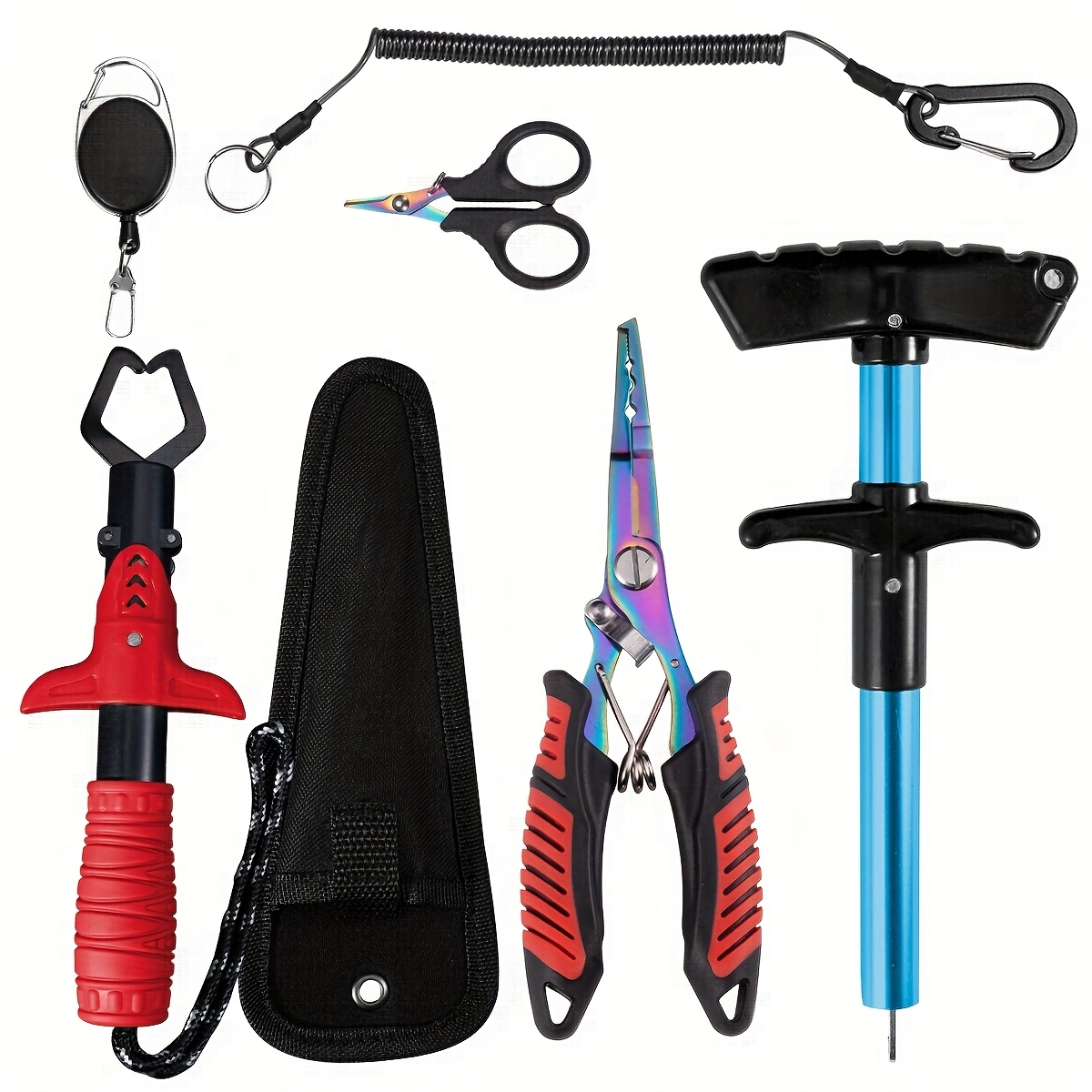 TEMU Ralera 7pcs Fishing Tool Set, Including Fish Lip Gripper, Fishing Pliers, Storage Bag, Hook Remover, Shock Leader, Fishing Scissors, Retractable