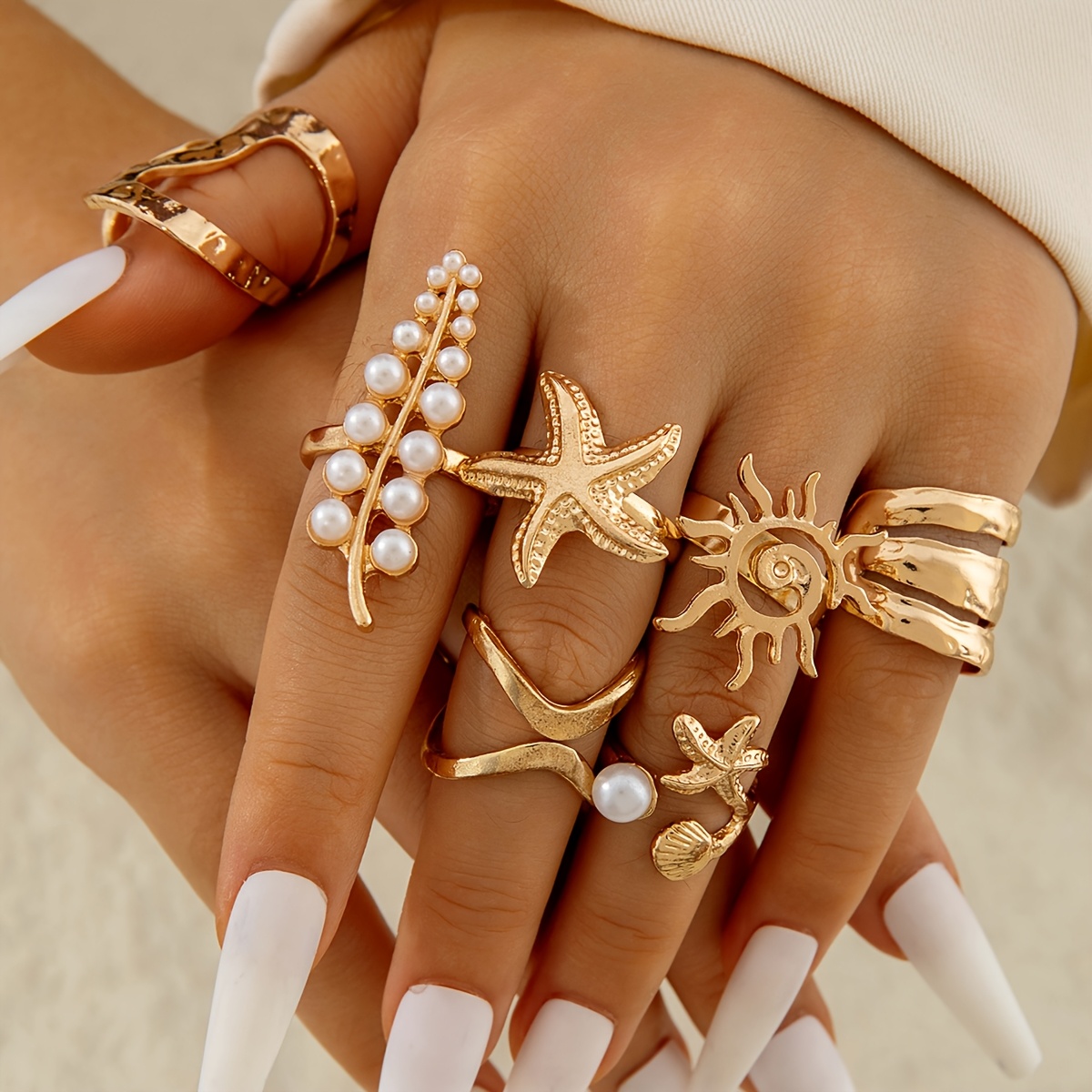 TEMU Juego de 7 piezas de moda con anillos colgantes de hoja y , anillos de articulados de metal geométrico con sol, adecuados como regalo ideal para