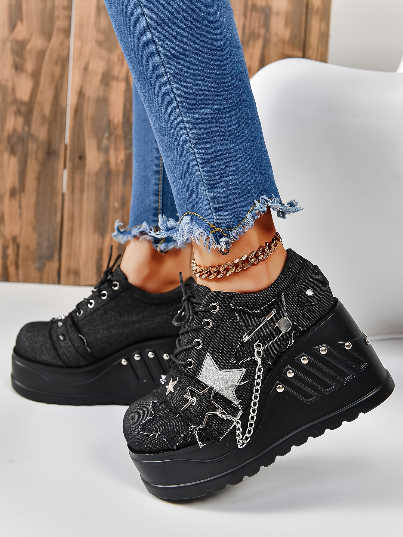 Women's Solid Color Punk Loafers, Lace Up Platform Chain Studded & Stars  Decor Stylish Shoes, Heightening Wedge Shoes