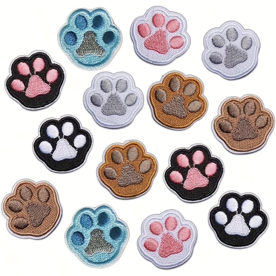 E-shop Packung mit 14 süßen Pfotenabdruck-Patches für Kleidung – Selbstklebend & Nähbar – Bestickte Applikationen, bunte Hunde- & Pfotenmotive für