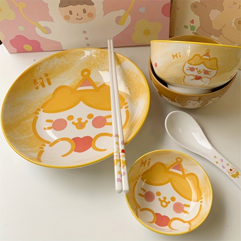 5pcs Cute Cat Print Ceramic Dinnerware Set Round Plates, Bowls, Spoons,  Chopsticks Forks with Adorable Breakfast, Lunch, a