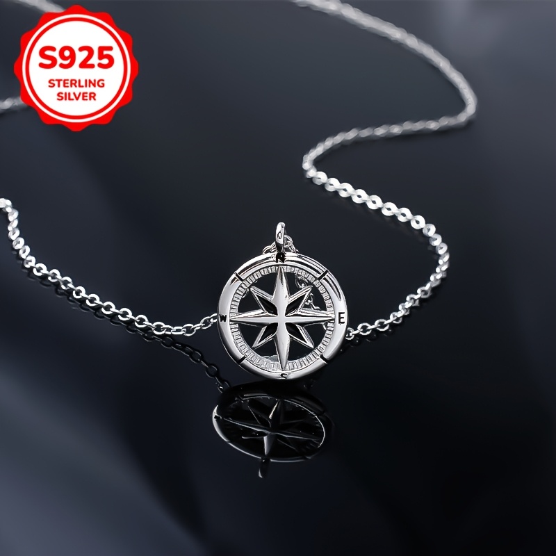 

S925 Sterling Silver Compass Pendant Necklace, Simple Geometric , Resin Inlay, Lightweight, With For & Gift-, Fits All