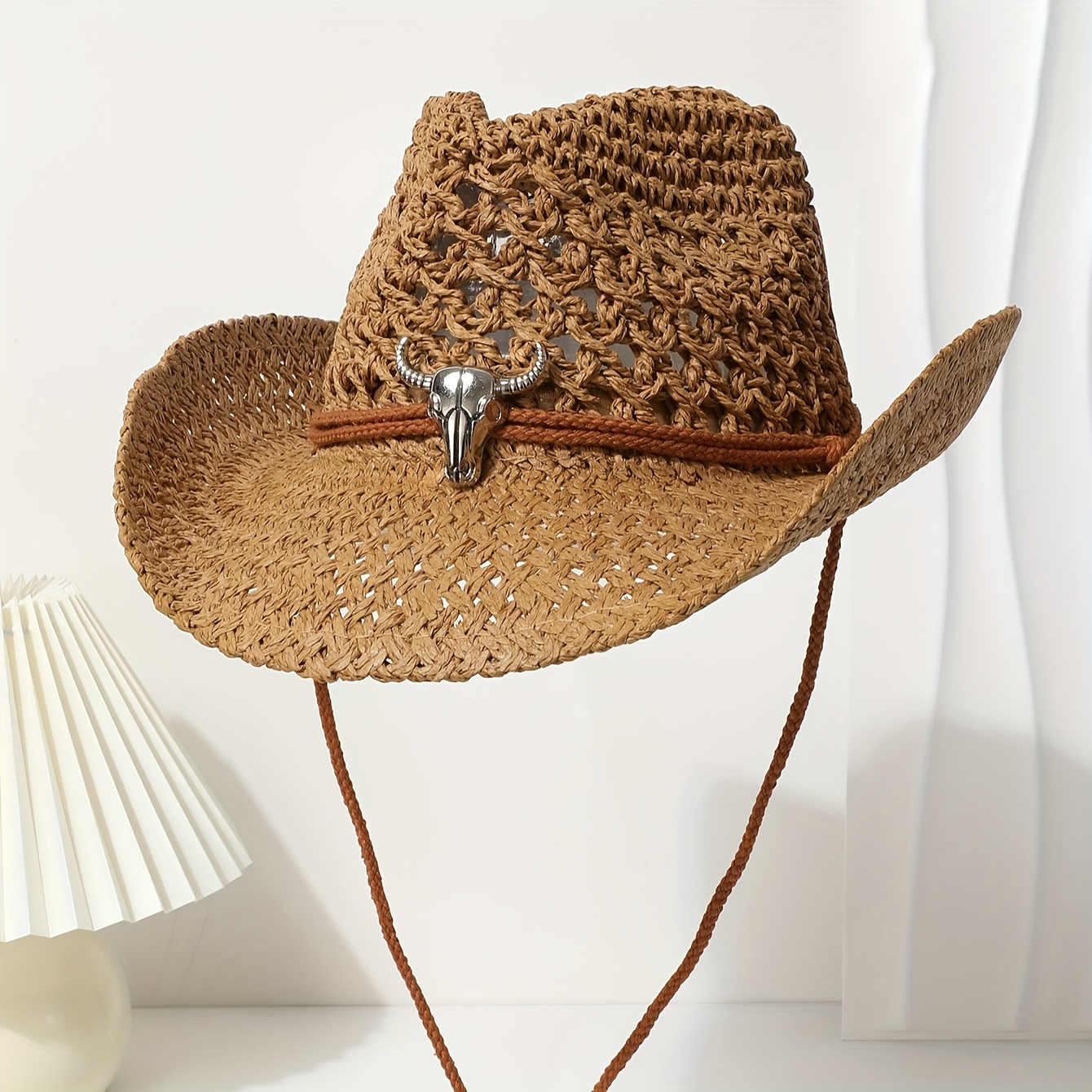 E-shop Ein Western Cowboy Hut mit 3D Stierkopf Dekoration, Damen Sommer Strohhut mit großem Schirm, Damen Sommer Sonnenschutz Outdoor Sonnenhut,