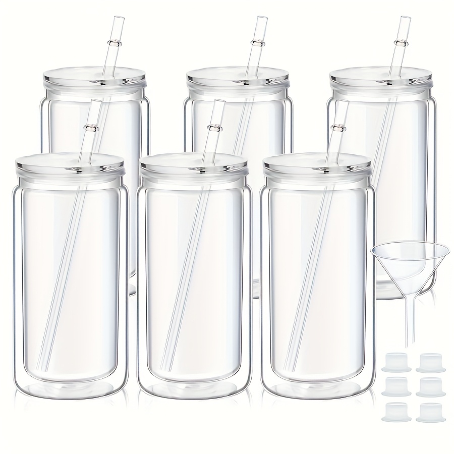 Image of Of 6, 16-ounce Pre-drilled Water Bottles Featuring Bamboo Lids, Straws, A Funnel, A Stopper, And A Tumbler Design. Ideal For Glitter Gifts, Mason Jar Mugs Are Perfect For Tea, , Iced Coffee