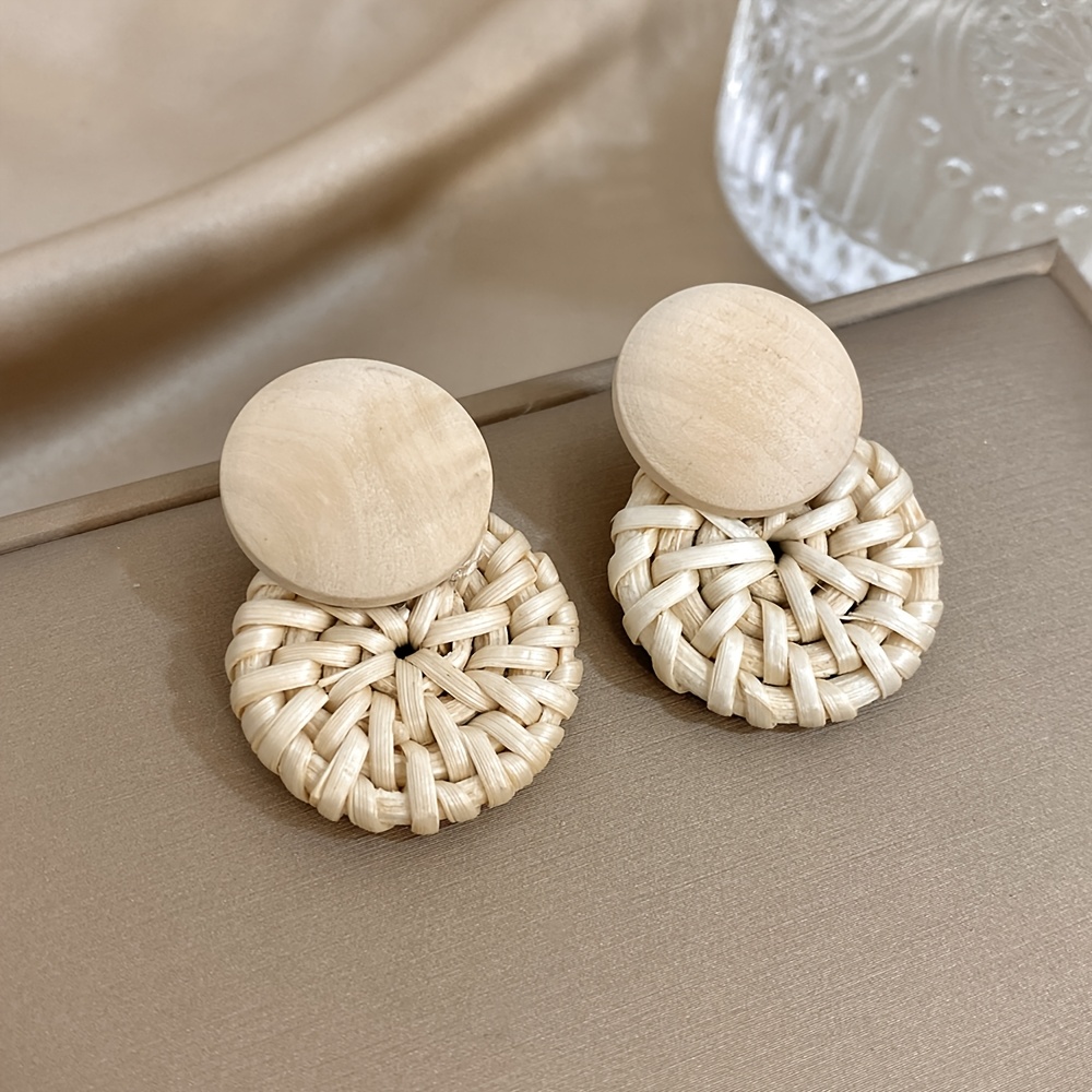 Image of 2pcs Set Summer Fashion Small Size Rattan Weave Earrings Women Easy Bohemian Style Round Geometry Creative Earrings Men Summer Beach Vacation Jewelry Set