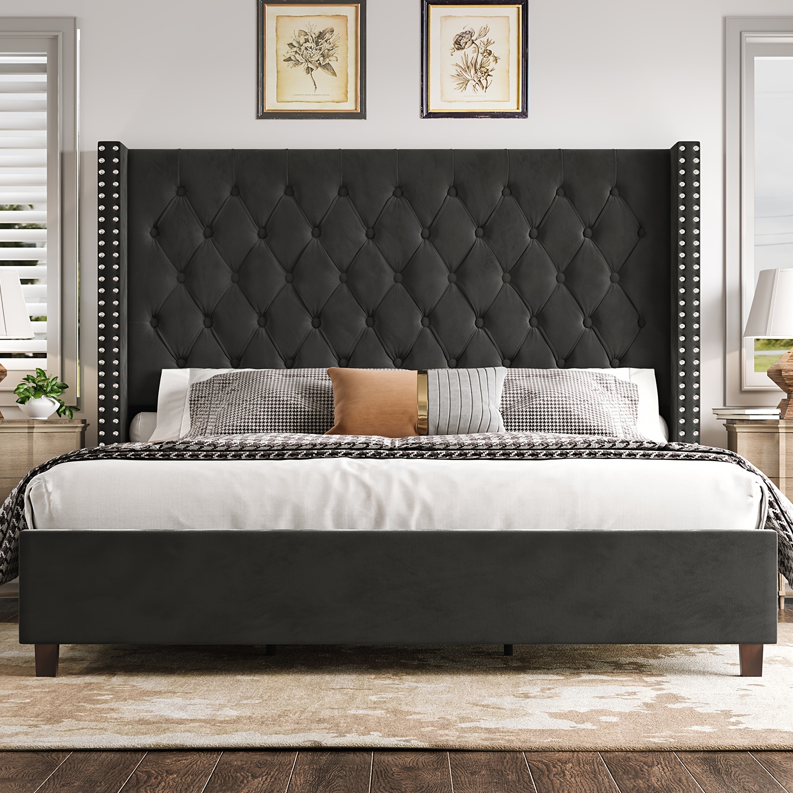 

Cattikury Platform Bed Frame Handmade Headboard Velvet Tall Upholstered Bed Deep Button Tufted