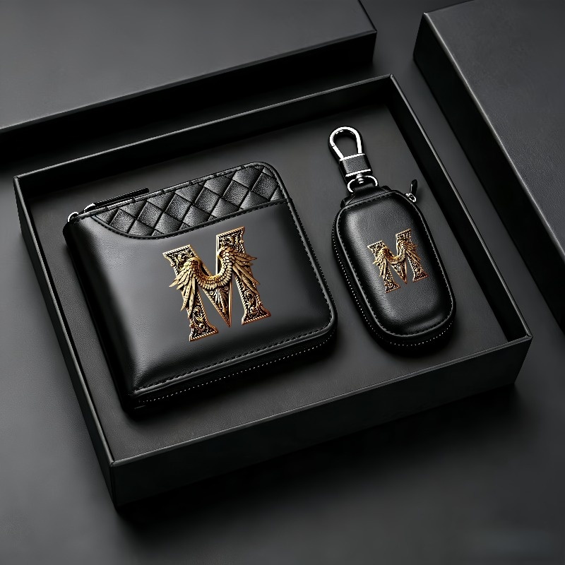 TEMU 2026 New 2pcs High-end Men' Premium Wallet With 26 Aâz Initials â Featuring A Car Key Pouch â Black Crocodile-textured Synthetic, Multiple 