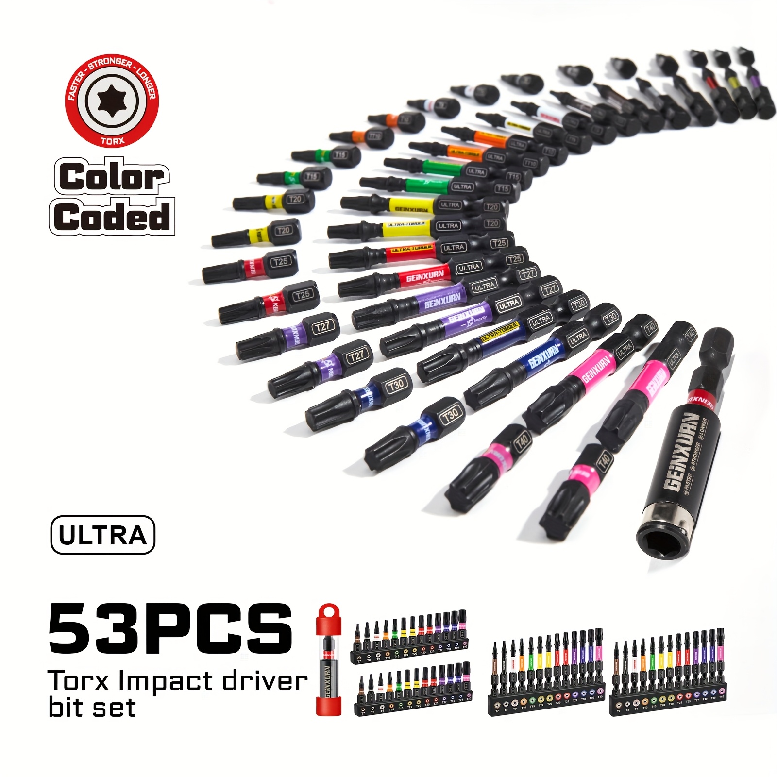Image of 25.50mm Mixed Set Of Impact Screwdriver With Magnetic T-type, Made Of -vanadium, Sizes T5-t40 - An For Home Appliances And Motorcycles, 40/53pcs Set With A 60mm Extension Rod