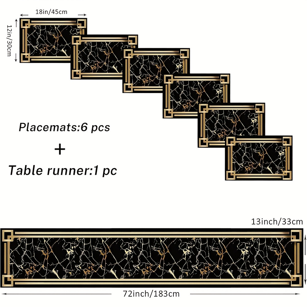 Image of 5/7pcs Table Runner And Placemats, Luxurious Black , Suitable For Daily Use In Kitchens, Dining Tables, Living Rooms And Indoor And Outdoor Homes 13x72inch