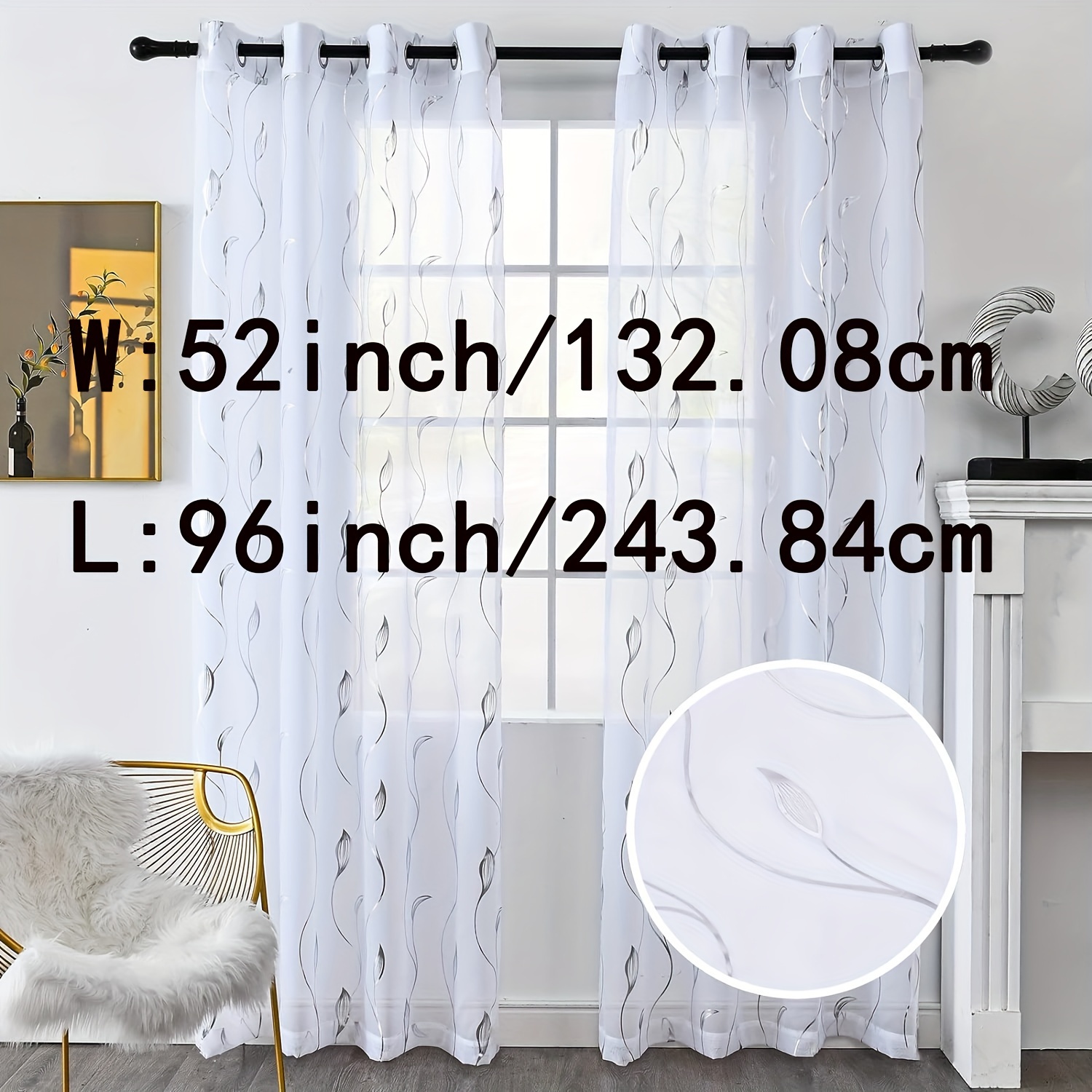 Image of 2 Panels Golden/silvery Foil Print Sheer Curtains,wicker Grommet Top Window Drapes, Luxury Metallic Bronzing Panels For Home Window Decoration