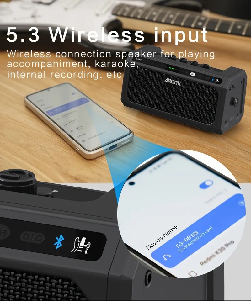  便携式数字电吉他放大器，具有无线5.3和otg直接录音功能，提供5通道混响和延迟效果，并包含20种鼓节奏。 商品详情 6